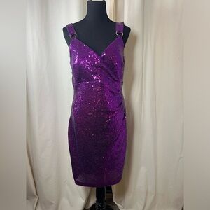 GUESS Sequined V-Neck O-Ring-Strap Dress Women's 12 Purple Back Zip Closure